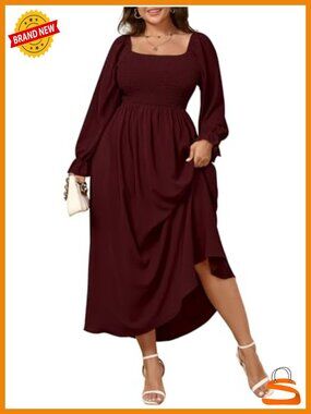 Plus Size Maxi Dress Long Sleeve Square Neck Smocked Flowy A-Line Boho
